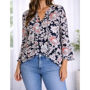 Liz McCoy Womens XL Floral Bell Sleeve Tie Neck Blouse Navy Coral 112828